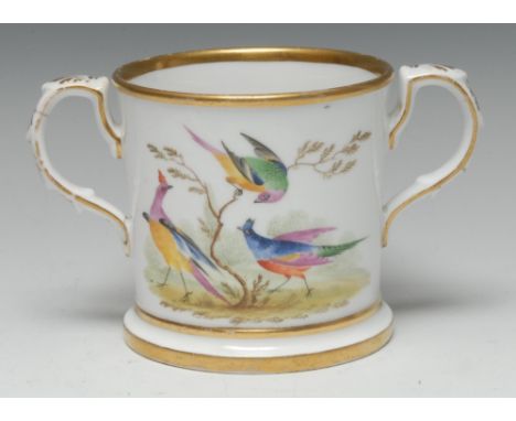 An early 19th century Chamberlain Worcester loving cup, well painted with exotic birds, the interior with frog, 10cm high, c.