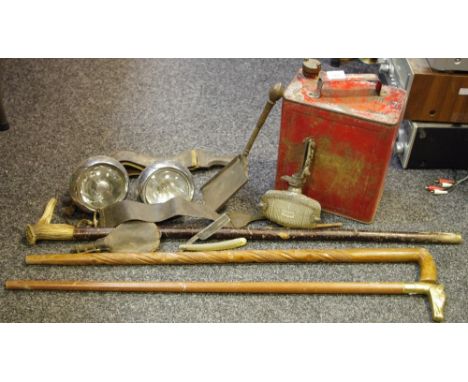 BP oil can; Lucas headlights; walking sticks, etc