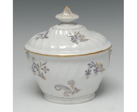 A Worcester Flight Barr Barr wrythen sucrier and cover, decorated in puce and gilt with foliate sprigs, 12cm wide, c.1790