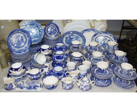 A quantity of blue &amp; white dinner and tea ware including Burleigh Ware and Myott, dinner plates, tea cups &amp; saucers, 