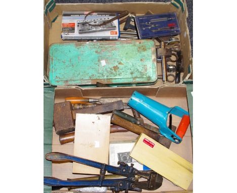 Tools - John Bull dial depth gauge; Vernier gauges; tap and die set; spanners; bolt croppers; student's microscope cased etc.