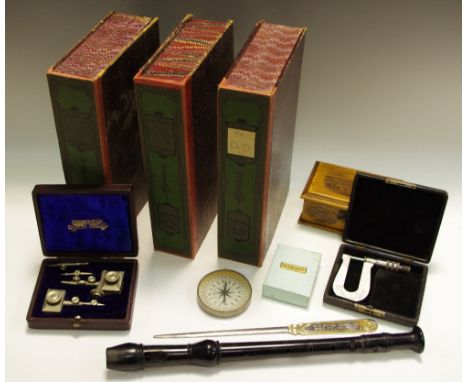 Boxes and objects - a Schotts C descant recorder; three Criterion stop back clip files, octavo; vernier gauge etc.