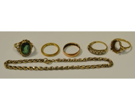 Jewellery - a 22ct gold wedding band, 3.3g;  1 9ct gold opal dress ring,  others,  bracelet, 14.4g gross (6)