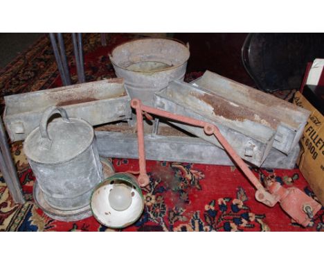 Salvage - galvanized chicken feeder, troughs; a work bench angle pose lamp; etc