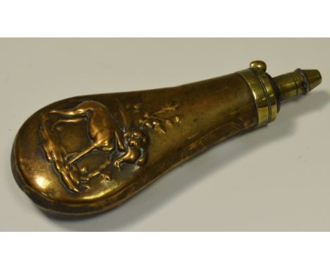 A 19th century brass and copper powder flask embossed in relief with a gun dog holding a pheasant