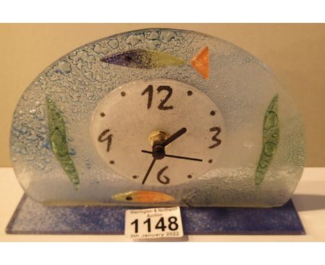 Murano Italian coloured glass mantel clock, L: 20 cm. Not available for in-house P&amp;P, contact Paul O'Hea at Mailboxes on 