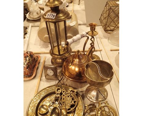 Collection of mixed copper, brass and silver plated items including kettle trays, candlestick etc. Not available for in-house