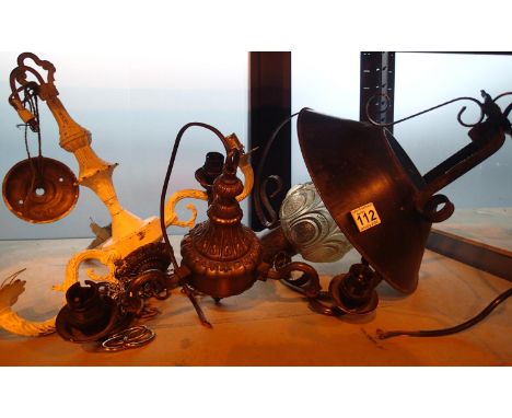 Three metal and glass framed antique style light fittings. Not available for in-house P&amp;P, contact Paul O'Hea at Mailboxe