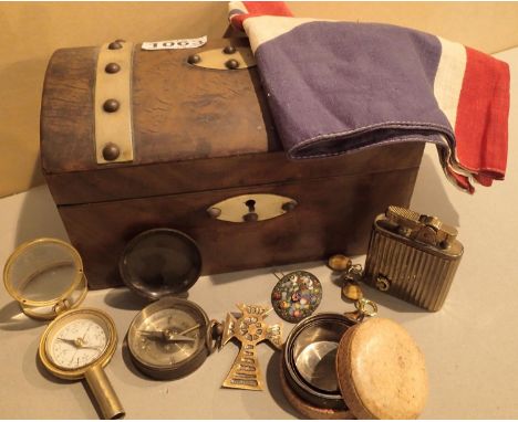 Walnut dome top casket, containing mixed collectables including a compass. small union jack flag, musical lighter etc. P&amp;