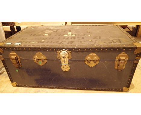 Wooden and metal banded travel trunk. Not available for in-house P&amp;P, contact Paul O'Hea at Mailboxes on 01925 659133 