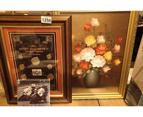 Framed Queen Elizabeth II Golden Jubilee Coin Collection, a Dunlop memorial tile and a floral painting. Not available for in-