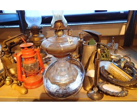 Shelf of mixed metal ware including brass copper etc and two oil lamps. Not available for in-house P&amp;P, contact Paul O'He