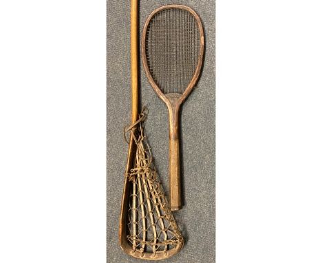 F H Ayres vintage tennis racket with a lacrosse stick. Not available for in-house P&amp;P, contact Paul O'Hea at Mailboxes on