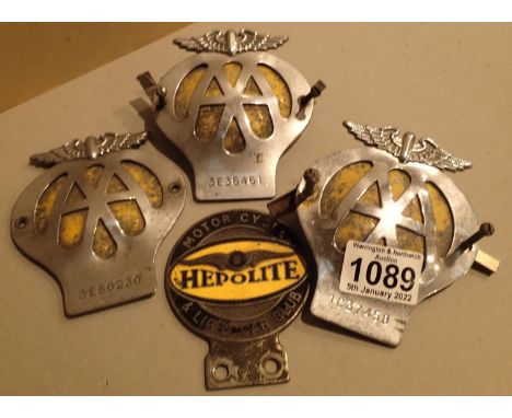 Three vintage chrome and enamel AA badges and a vintage Hipolito motorcycle club badge. P&amp;P Group 1 (£14+VAT for the firs