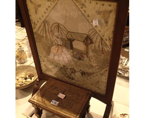 Silk embroidered fire screen 54 x 60 cm, and a hand carved oak footstool. Not available for in-house P&amp;P, contact Paul O'
