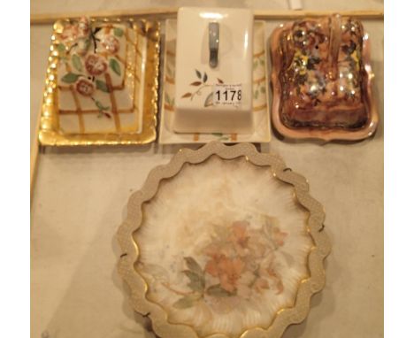 Three vintage butter dishes and Doulton Bursum floral display plate, some heavy crazing to pink example otherwise no apparent