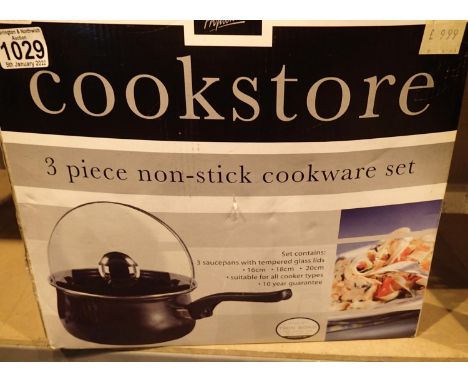 Boxed set of three cook store non stick cookware set. Not available for in-house P&amp;P, contact Paul O'Hea at Mailboxes on 