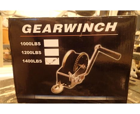 Boxed new old stock 1400lbs manual hand gear winch. P&amp;P Group 1 (£14+VAT for the first lot and £1+VAT for subsequent lots