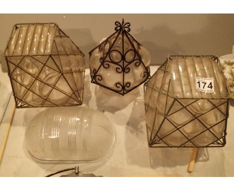 Three glass and metal lamp shades and a further glass shade. Not available for in-house P&amp;P, contact Paul O'Hea at Mailbo