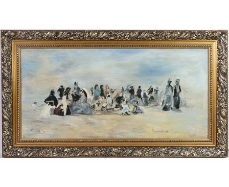 After Boudin (21st century) Tronville beach Signed E Boudin, oil on canvas, 30cm by 62cm together with a after Geroge Cruiksh