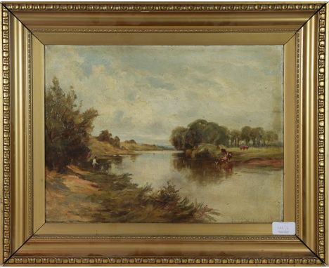 K M Walker (19th/20th century) Views over the River Wharf with sheep and cattle, pair of signed oils on canvas, 30cm by 40cm 