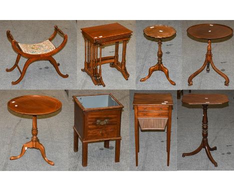 A quantity of 19th century furniture, to include: two dish topped circular tripod tables, another tripod table, a worktable a