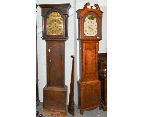 An oak thirty hour longcase clock, painted arch dial signed R.Weston, Wolsingham, later case, together with an oak eight day 