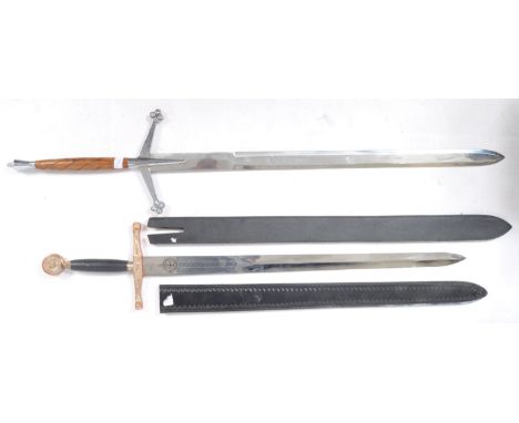 Two fantasy / reenactment replica / prop long swords comprising of a King Arthur's Excalibur example in faux leather scabbard