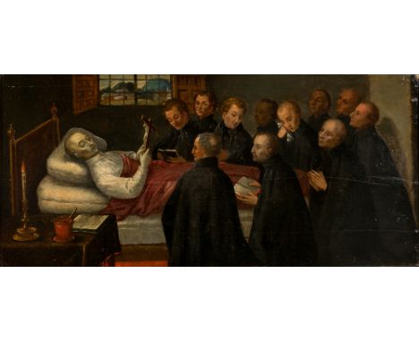 Spanish School. 17th century. "Death of Saint Ignatius of Loyola" Oil on panel. 25 x 52 cm. The scene shows the moment at whi