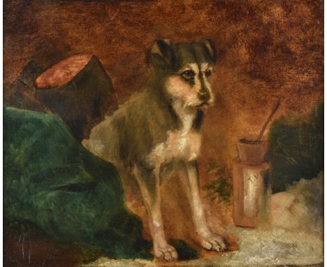 * Naive School. Portrait of a Seated Terrier, circa 1850-70, oil on canvas, depicting a small dog in an interior beside a pai