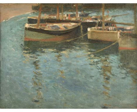 * Olsson (Julius, R.A., 1864-1942). Early Morning, St Ives Harbour, Cornwall, oil on canvas, showing boats at anchor, unsigne