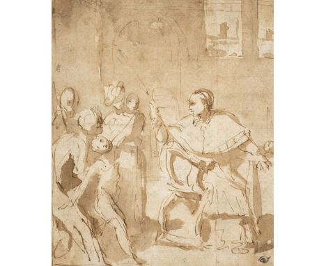 * Attributed to Taddeo Zuccaro (1529-1566). Interior Scene, with figures before a seated Cardinal, pen, brown ink and brown w
