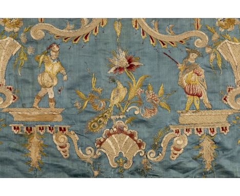 * Embroidery. A large silk rococo bed cover, early 18th century, large bed cover, lavishly embroidered in coloured silk threa