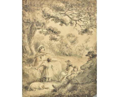 * Attributed to George Morland (1762/63-1804). Travelling Family and Dog Resting by a Tree, 1985, pen, black ink and watercol