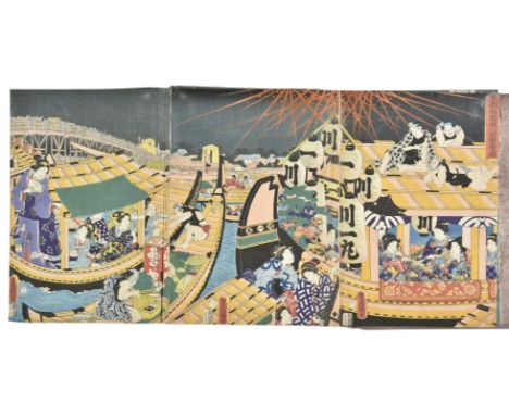 Kunisada I (Utagawa, 1786-1865, &amp; Kunisada II, 1823-1880). Flourishing Fireworks at Ryogoku Bridge (Toto Ryogokubashi Kaw