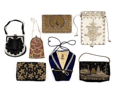 * Handbags. A collection of evening bags and purses, early-mid 20th century, including a metalwork evening bag with peacock d