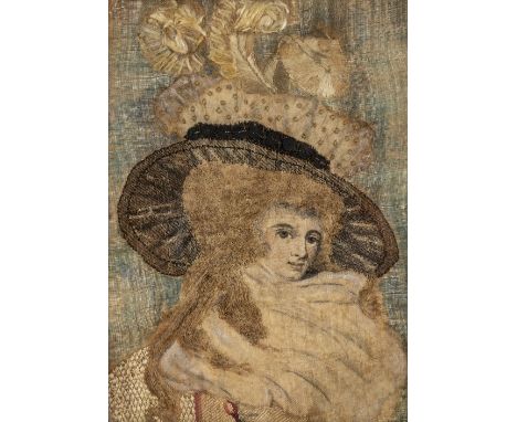 * Embroidered picture. A late 18th century picture of a lady, hand-stitched and painted picture on coarse linen, head and sho