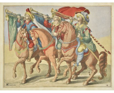 * De Gheyn (Jacques II, 1565-1629). Trumpet Players, from the Riding School series, 1599, hand-coloured engravings on laid pa