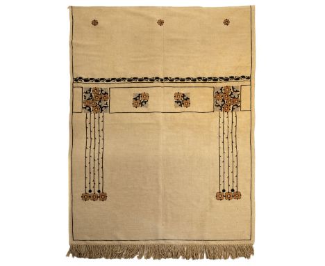 * Arts &amp; Crafts. An embroidered wall-hanging, circa 1900, jute hanging, with embroidered border along top and sides, depi