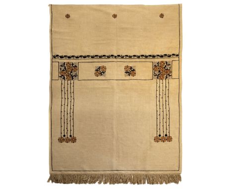 * Arts &amp; Crafts. An embroidered wall-hanging, circa 1900, jute hanging, with embroidered border along top and sides, depi