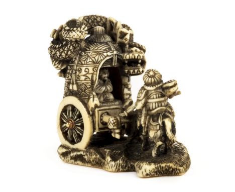 * Netsuke. A fine Japanese Meiji period ivory netsuke, carved a horse-drawn carriage being attacked by a dragon, signed, 5cm 