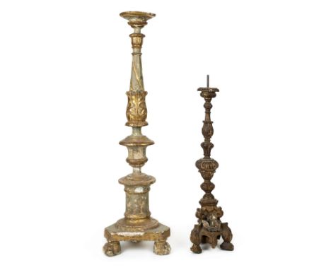 * Candlestick. A large Italian carved wood altar stick, late 19th century, carved and gilt painted with acanthus leaves and p