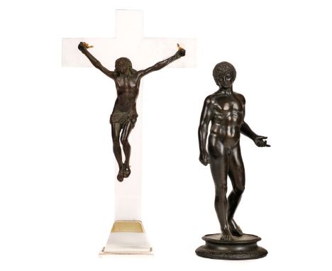 * Bronze figure. Crucified Christ, possibly 18th century, well modelled bronze figure with outstretched arms, 18cm long, pres