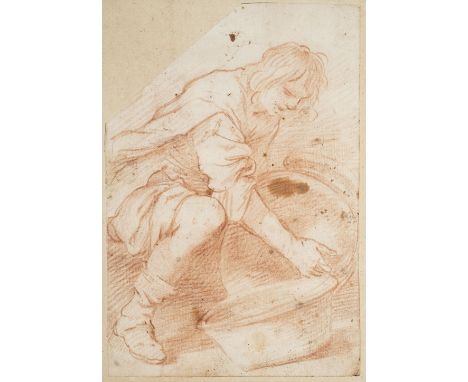 * Continental School. Young Man Stacking Pots, red chalk on laid paper, laid down on card, irregularly shaped (upper left cor