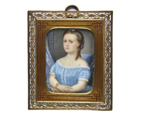 * Desvaux ( Auguste , born 1813). Portrait of a Young Lady, watercolour, gouache, and bodycolour, on ivory, laid down on thic