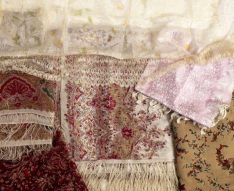 * Shawls. A large printed silk crinoline shawl, circa 1860s, fine cream silk, with wide border in pink, green, and yellow, fe