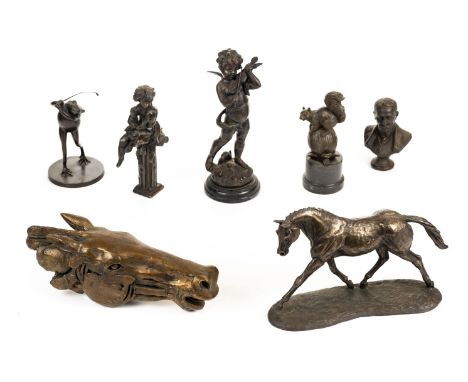 * Bronzes. A collection of bronze and bronzed figures, including a Greek bronze head of a horse signed and numbered 351/2000,