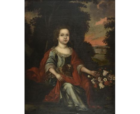 * English School. Girl with Dog, circa 1660-1700, oil on canvas, full-length portrait of a young girl seated in a landscape a