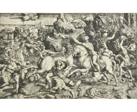 * Dente (Marco, 1486/1500-1527 ). Battle Scene, circa 1520, engraving on laid paper (after Raphael's design for the fresco of