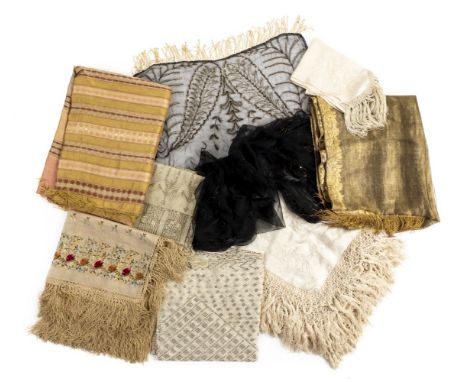 * Shawls. A Chinese embroidered shawl, late 19th century, cream silk shawl, hand-embroidered overall with elaborate floral an